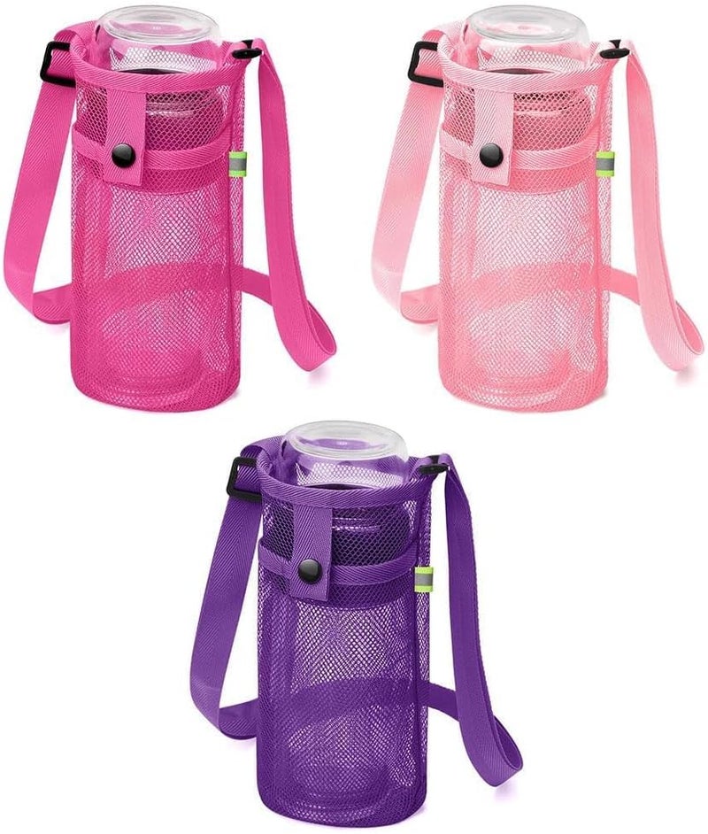 Bukela Portable Mesh Bottle Bag, 3 Pack Mesh Water Bottle Carrier with Adjustable Shoulder Strap Lightweight Sling Bottle Bag Sleeve for Sports Gym Hiking Camping (Rose Red/Pink/Purple) - Image 1